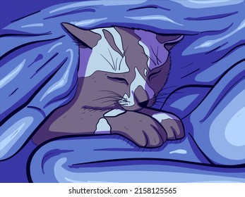 Vektorkunst einer schlafenden Katze unter einer warnen und gemütlichen Decke. Digitale Zeichnung eines kleinen Kätzchens, das schnurrt.