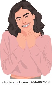 Vector art of a smiling woman wearing a pink sweater showing her happiness and warmth. Radiates positive emotions and a cheerful aura, perfect for everyday themes of joy, connection and happiness.