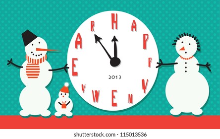 Vector art. Snowman holding a large clock in anticipation of New Year holiday/ Family of snowmen
