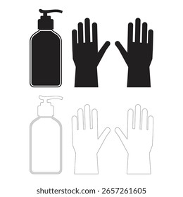 Arte vectorial de botellas de jabón y guantes en Arte vectorial de ilustración en blanco y negro