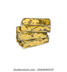 Vector art of soap making. Images of yellow handmade soap set, stacked pieces for a bathroom or spa ambiance, isolated items reflecting traditional soap making.