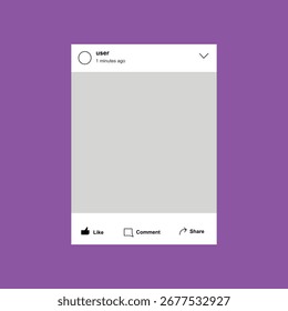 Arte vetorial do modelo de postagem de mídia social com botões curtir, comentar e compartilhar em um plano de fundo roxo