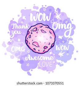 Vector Art Space Template banner. Lettering frame: WOW, Omg, Thank you, Sale, Awesome. Purple background isolated on white.