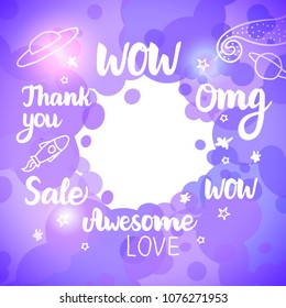 Vector Art Space Template banner. Lettering frame: WOW, Omg, Thank you, Sale, Awesome. Purple background isolated on white.