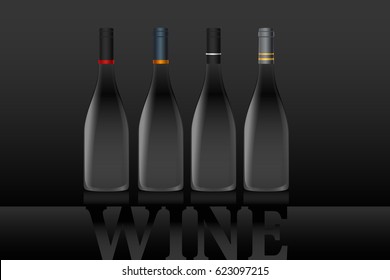 Vector art of standard champagne wine bottles on a black background. Vector objects are set in groups.