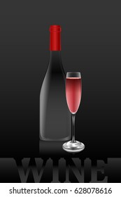 Vector art of standard champagne wine bottle and glass of red wine on a black background. Vector objects are set in groups.