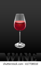Vector art of standard wine bottle and glass on a black background with volume annotation. Vector paths are set in groups.