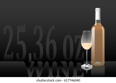Vector art of standard wine bottle and glass on a black background with volume annotation. Vector paths are set in groups.