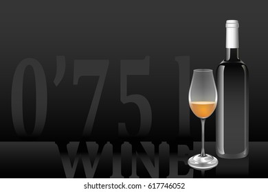 Vector art of standard wine bottle and glass on a black background with volume annotation. Vector paths are set in groups.