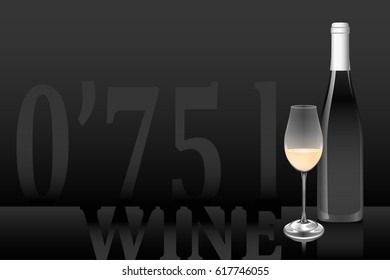 Vector art of standard wine bottle and glass on a black background with volume annotation. Vector paths are set in groups.
