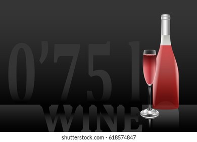 Vector art of standard wine bottle and glass on a black background with volume annotation. Vector objects are set in groups.