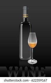 Vector art of standard wine bottle and glass on a black background. Vector objects are set in groups.