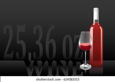 Vector art of standard wine bottle and glass on a black background with volume annotation. Vector objects are set in groups.