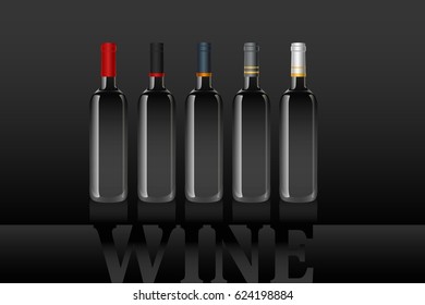 Vector art of standard wine bottles with varicolored heads on a black background. Vector objects are set in groups.
