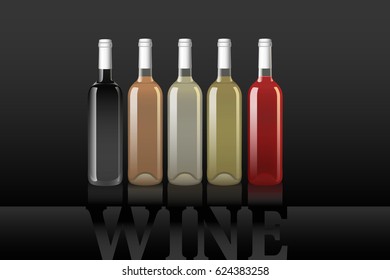 Vector art of standard wine bottles on a black background. Vector objects are set in groups.