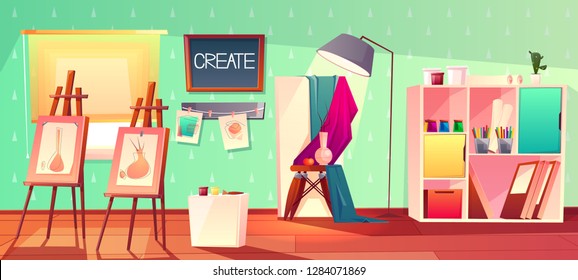 Vector Art Studio Interior. Creative Workshop Room With Canvas, Paints And Pictures. Design Salon For Artists With Brushes, Easel. Still Life Drawing In Bright Class With Window, Hobby.