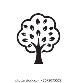 Arte vetorial de um ícone estilizado de árvore em preto e branco. Um ícone simples e estilizado de uma árvore, representado em preto e branco com um contorno claro e folhas preenchidas, apresentado de forma limpa sobre um fundo branco
