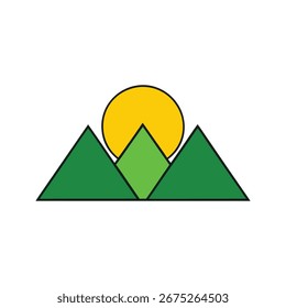 Arte vetorial de montanhas verdes estilizadas com um sol amarelo nascendo