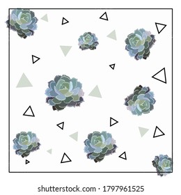 vector art of stylized succulents in green tones with geometric ornament for background