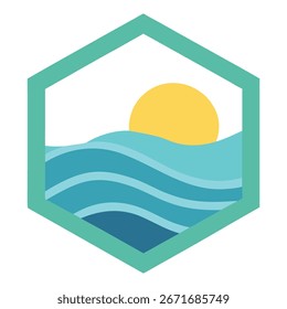 Arte vectorial de la puesta de sol estilizada sobre las olas del océano en un marco hexagonal