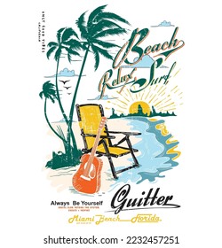 vectorial art playa de verano, relax, surf, guitarra con Miami beach Florida, Long beach, verano vibes de mano dibujar, slogan de verano con ilustración de playa, Hawaii, tipografía de surf Aloha para imprimir camisetas