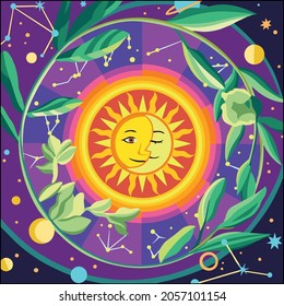 Vector art of sun illustration circled by leaves