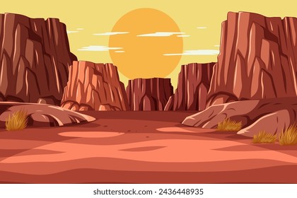 Vector art of a sunset in a desert canyon.