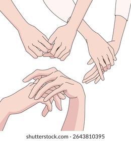 Vector art of supportive hands holding together, hands joined on table, or held gently in front of the body. Symbolizes empathy, reflection, unity, and emotional connection.