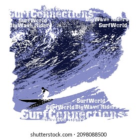 Vector art of surfer silhouette going down giant wave. Art in a worn style with missing features. Illustration for print on t-shirts, posters, etc...