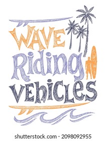 Vector art of surfer silhouettes, coconut trees, surfboards and stylized waves, Handmade art in scribbled style.