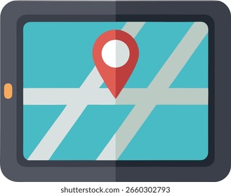 Vector art of tablet displaying a map with a location pin, isolated on white background