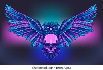 Vector art for tatoo or poster or T-shirt design with owl holding skull. Colored illustration isolated on white background