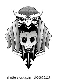 Vector art for tatoo or T-shirt design. Owl, scull and feather 