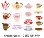 vector art of tea set of dishes, sticker, icon clipart