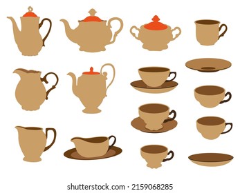 vector art of tea set of dishes, sticker, icon clipart