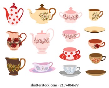 vector art of tea set of dishes, sticker, icon clipart