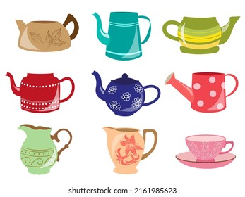 vector art of tea set of dishes, sticker, icon clipart