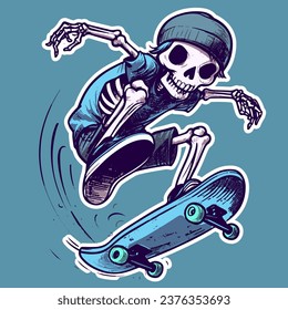 Arte vector de un esqueleto adolescente haciendo trucos en una patineta. Niño de patinaje con sombrero de hipster saltando y practicando deportes extremos