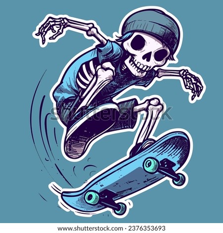 Vector art of a teenage skeleton doing tricks on a skateboard. Skater boy with a hipster hat jumping and practicing extreme sports