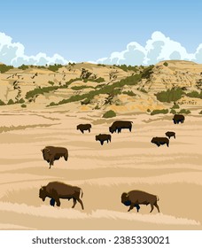 Vector art of Theodore Roosevelt National Park with an iconic view of its landscape of Great Plains meet the rugged Badlands with roaming bison. An illustration of for art prints, badges or designs.