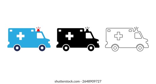 Vector art of three ambulance icons isolated on white background, in blue, black and white colors