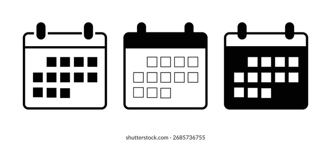 Arte vectorial de tres iconos de calendario en diferentes estilos de contorno, relleno e invertido