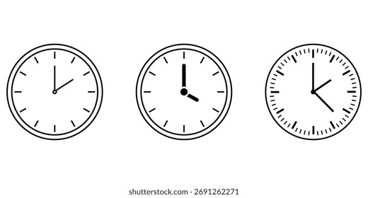 Arte vectorial de tres relojes que muestran diferentes tiempos