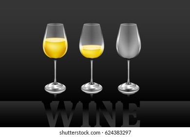 Vector art of three elegant wine glasses with different amount of exquisite yellow beverage on a black background. Vector objects are set in groups.