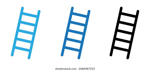 Arte vectorial de tres íconos de escalera, mostrando un diseño simple con diferentes colores, incluyendo azul y negro, que representan conceptos de progreso, aspiración y movilidad ascendente en un estilo minimalista