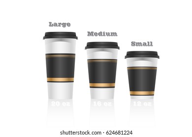 Vector art of three paper coffee cups for business advertisement, menus, banners with volume measures and annotations. Content elements are set in groups.