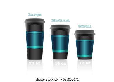 Vector art of three paper coffee cups for business advertisement, menus, banners with volume measures and annotations. Content elements are set in groups.