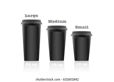Vector art of three paper coffee cups for business advertisement, menus, banners with volume measures and annotations. Content elements are set in groups.
