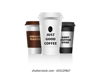 Vector art of three paper coffee cups with fancy slogans for business advertisement, menus, banners. Content elements are set in groups.