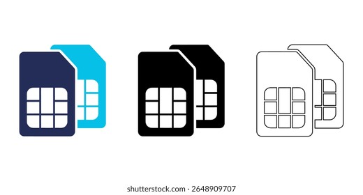 Vector art of three sim card icons isolated on white background, in blue, black and white colors